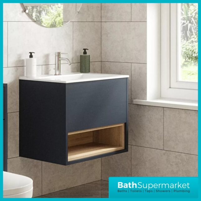Loughermore Matt Indigo Wall Hung Open Shelf Vanity Basin Unit 600mm
