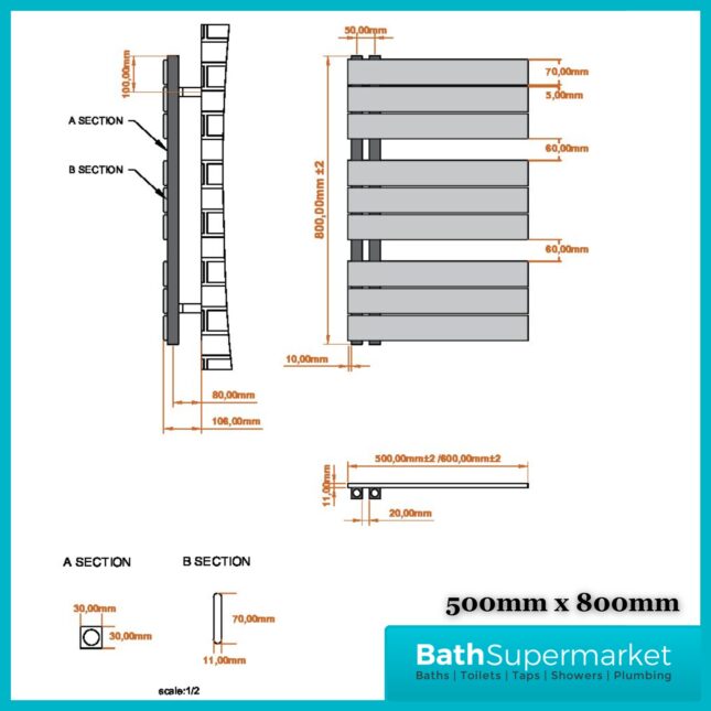 Sognare Thames Matt White Straight Ladder Towel Radiator 500mm Wide