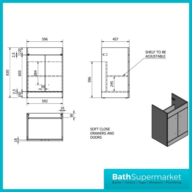 Purity White Gloss Floor Standing 2 Door Unit & Slim Depth Ceramic Basin 600mm Wide