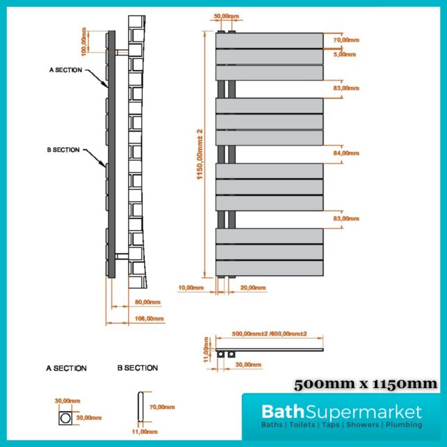 Sognare Thames Matt White Straight Ladder Towel Radiator 500mm Wide