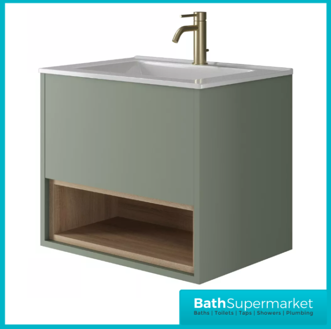Loughermore Matt Pistachio Wall Hung Open Shelf Vanity Basin Unit 600mm