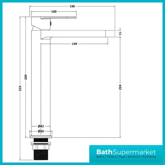 Nuie Halstatt Matt Black Round Mono Tall High Rise Basin Mixer Tap