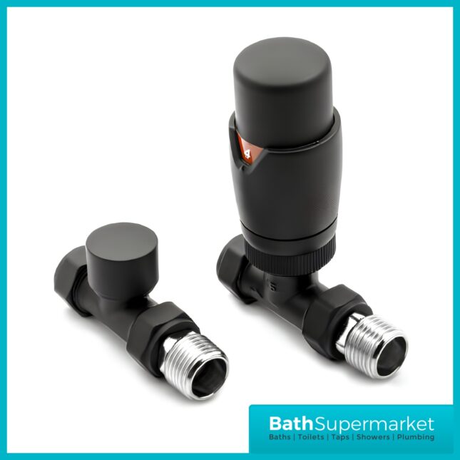 Reina Modal TRV Straight Radiator Valve and LockShield Black
