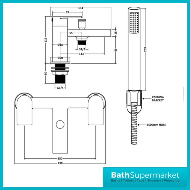 Nuie Canada Matt Black Deck Mounted Twin Lever Bath Shower Mixer Tap