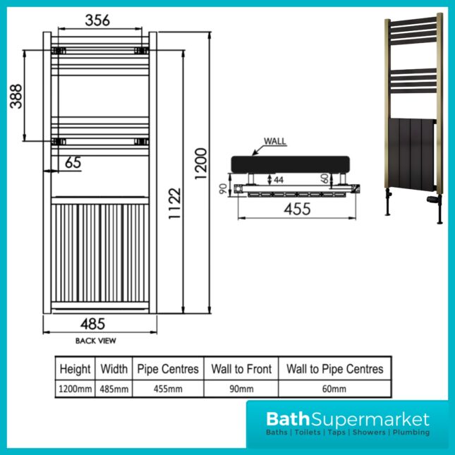 Reina York Aluminium Radiator Towel Rail 1200mm H x 485mm W - Gold/Black