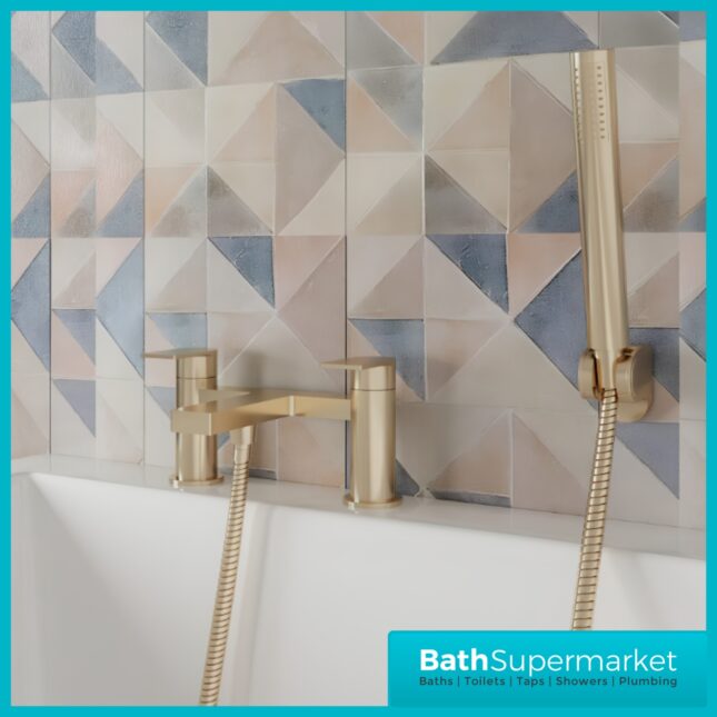 Nuie Canada Brushed Brass Deck Mounted Twin Lever Bath Shower Mixer Tap