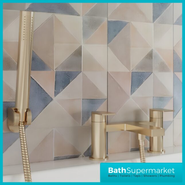 Nuie Canada Brushed Brass Deck Mounted Twin Lever Bath Shower Mixer Tap