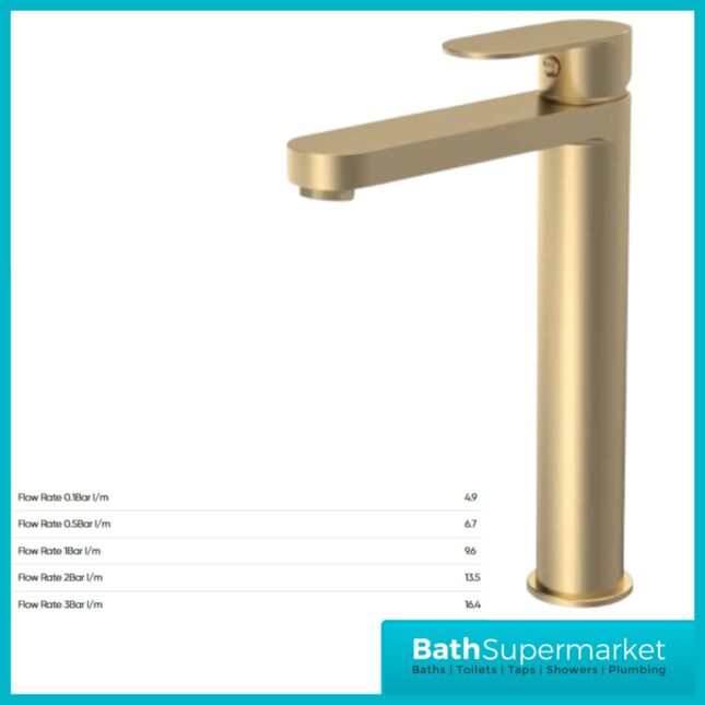 Nuie Halstatt Brushed Brass Round Mono Tall High Rise Basin Mixer Tap