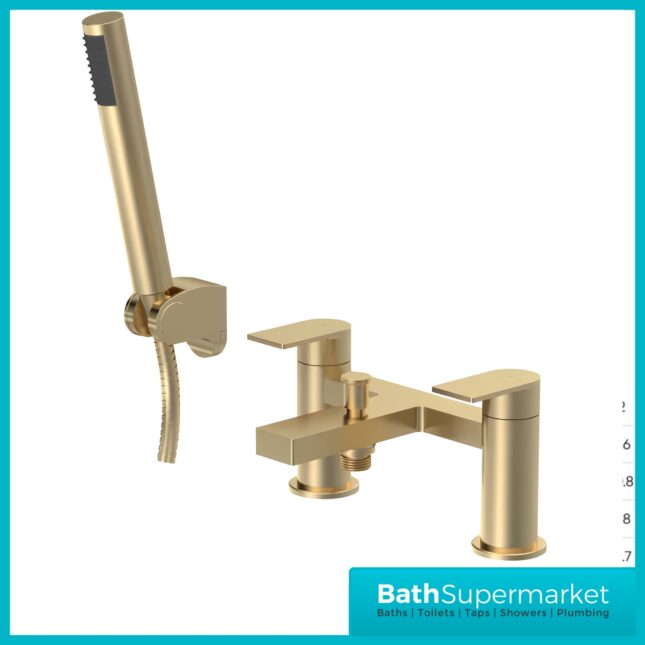 Nuie Canada Brushed Brass Deck Mounted Twin Lever Bath Shower Mixer Tap