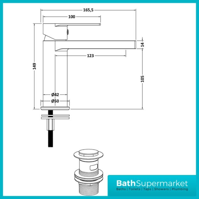 Nuie Canada Matt Black Mono Basin Mixer Tap With Push Button Waste