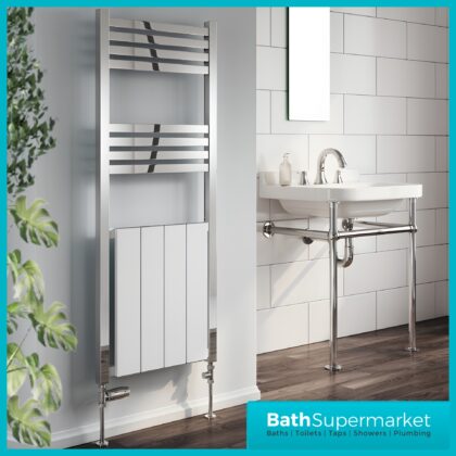 Reina York Aluminium Radiator Towel Rail 1200mm H x 485mm W – Chrome/White