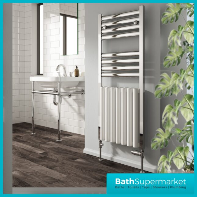 Reina Burton Aluminium Radiator Towel Rail 1180mm H x 485mm W – Chrome/White