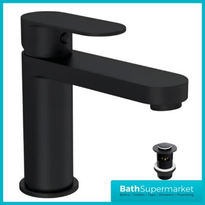 Nuie Halstatt Matt Black Round Mono Basin Mixer Tap With Push Button Waste