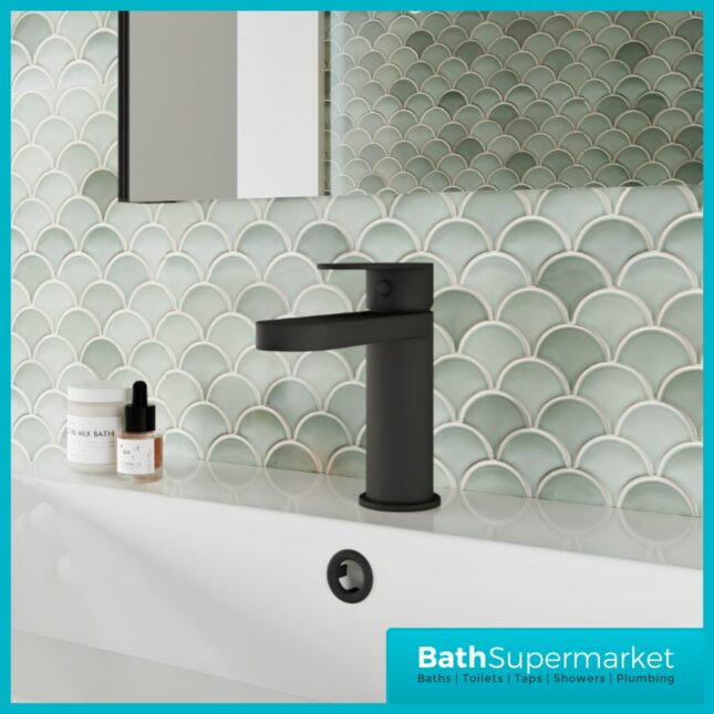 Nuie Halstatt Matt Black Round Mono Basin Mixer Tap With Push Button Waste