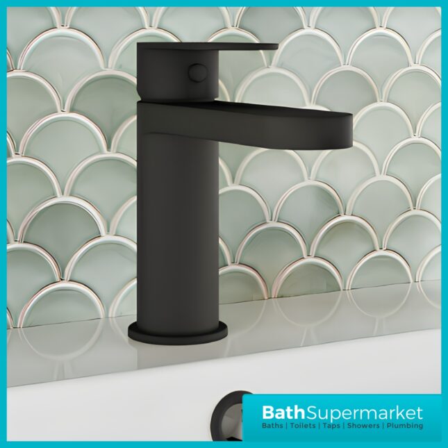 Nuie Halstatt Matt Black Round Mono Basin Mixer Tap With Push Button Waste