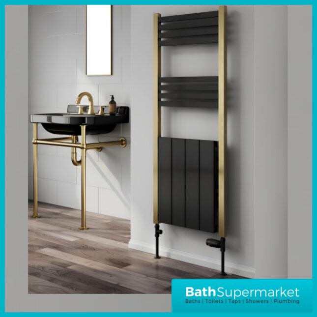 Reina York Aluminium Radiator Towel Rail 1200mm H x 485mm W - Gold/Black