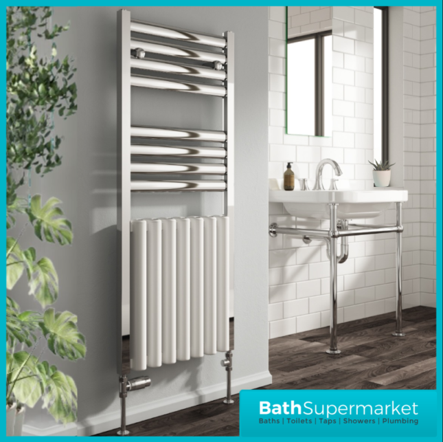 Reina Burton Aluminium Radiator Towel Rail 1180mm H x 485mm W – Chrome/White