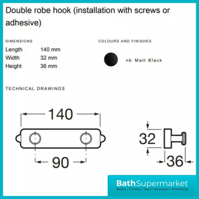 Roca Sonata Matt Black Double Robe Hook