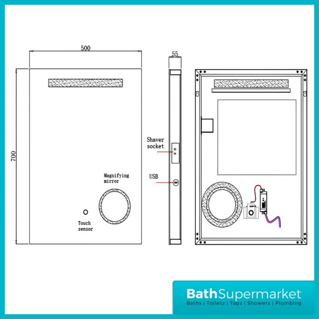 Kartell Sherston Halo Sensor LED Top Strip Demister Portrait Mirror 500mm x 700mm