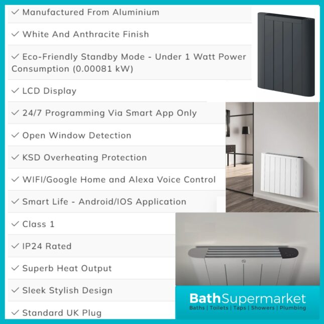 Reina Serre Anthracite Horizontal WiFi Electric Dry Radiator 580mm High–Various Widths