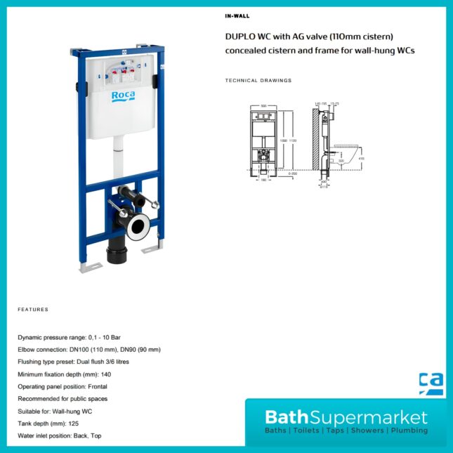 Roca Duplo Wall Hung WC Frame With Dual Flush Cistern 1120mm