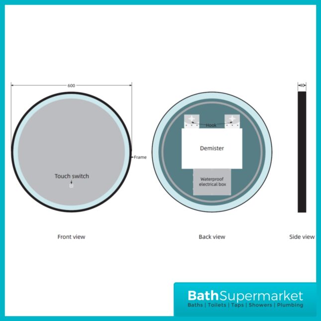 Kartell Nero Round Black LED Touch Sensor Demister Bathroom Mirror 600mm Circular