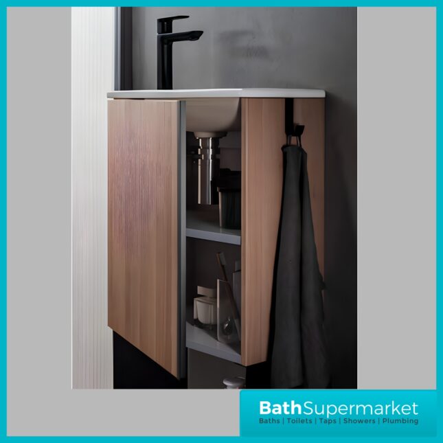 Roca Mini Pro Western Oak Compact Wall Hung Cloakroom Basin & Base Unit 465mm