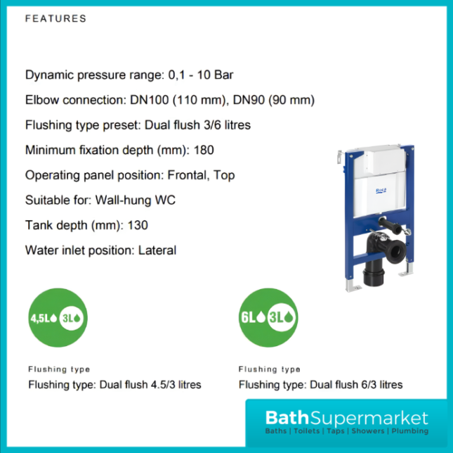 Roca Duplo Under Window WC Frame With Dual Flush Cistern 820mm - Image 5