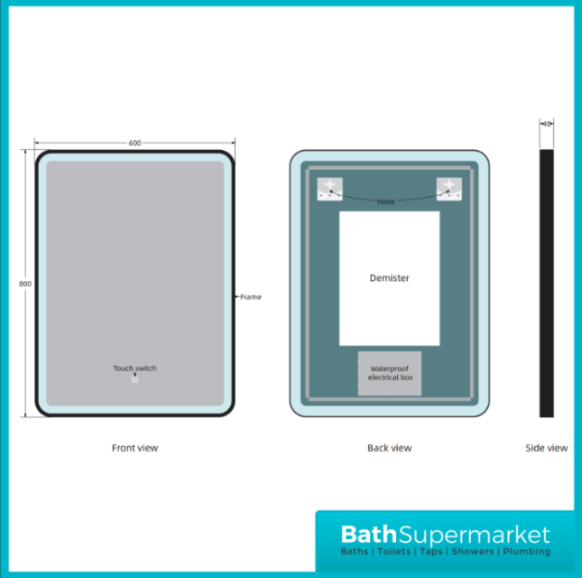 Kartell Nero Square Black LED Touch Sensor Demister Bathroom Mirror 500mm x 700mm