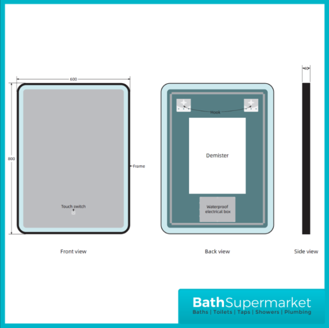Kartell Nero Square Black LED Touch Sensor Demister Bathroom Mirror 600mm x 800mm