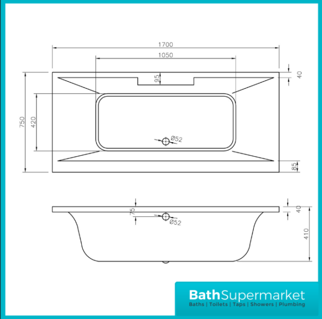 AquaVolere Haven Deluxe Square Double Ended Bath 1700x750x550mm 0TH With Legs