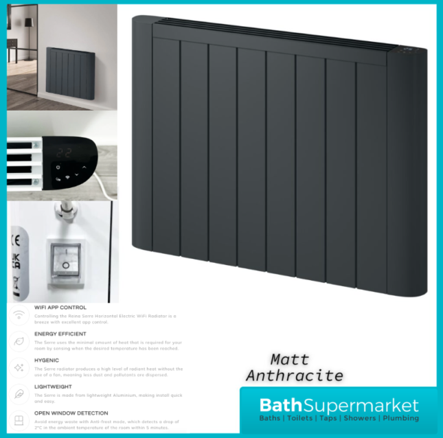 Reina Serre Anthracite Horizontal WiFi Electric Dry Radiator 580mm High–Various Widths
