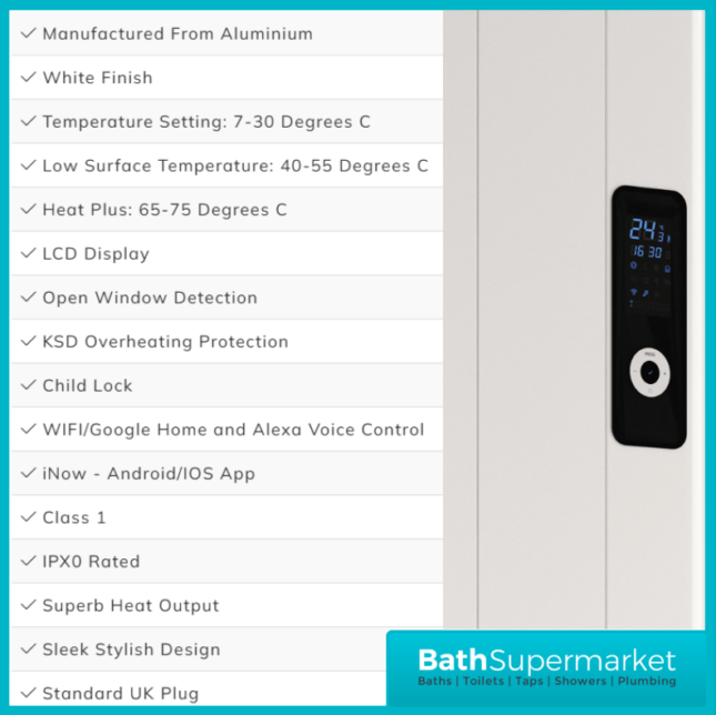 Reina Maia White Vertical WiFi Electric Dry Radiator 1600mm Height – Various Widths