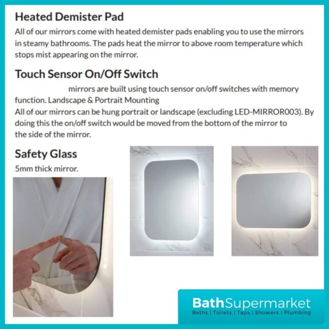 Sognare Aura Touch Sensor Illuminated LED Mirror With Demister 600mm x 1200mm