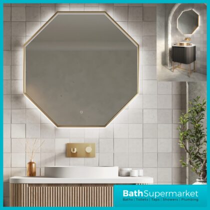 Sognare Passa Octagonal Brushed Brass LED Demister Mirror 600mm x 600mm