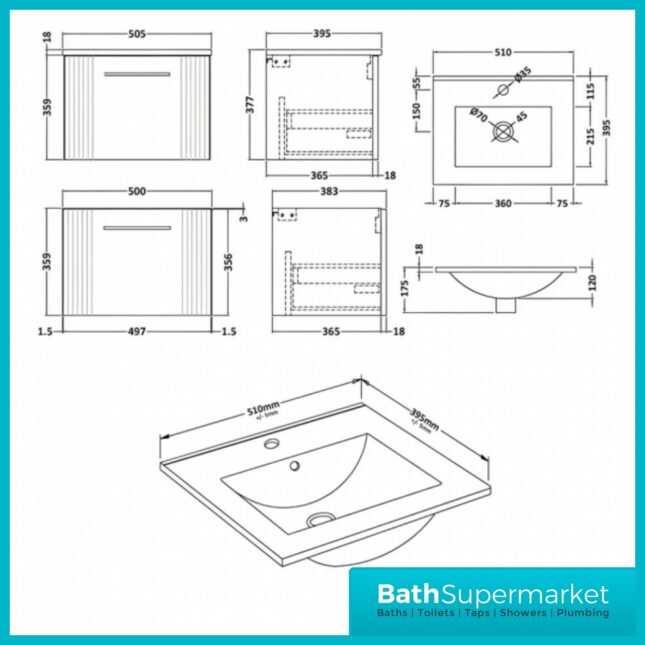 Nuie Deco Fluted Satin Blue Wall Hung Vanity Basin Unit 500mm Width