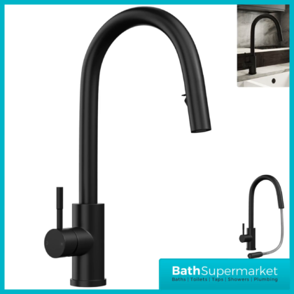Rural Velia Matt Black Concealed Pull Out Hose Spray Head Kitchen Sink Mixer Tap