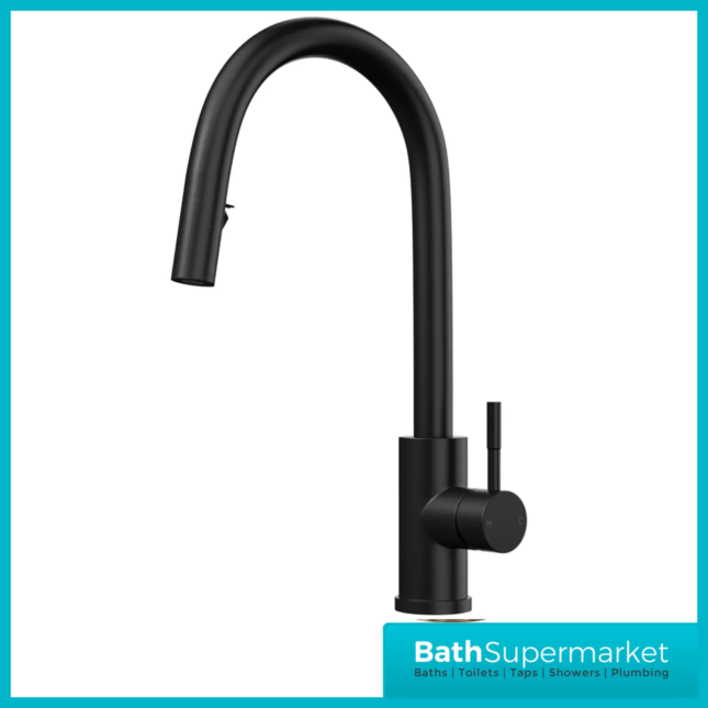 Rural Velia Matt Black Concealed Pull Out Hose Spray Head Kitchen Sink Mixer Tap