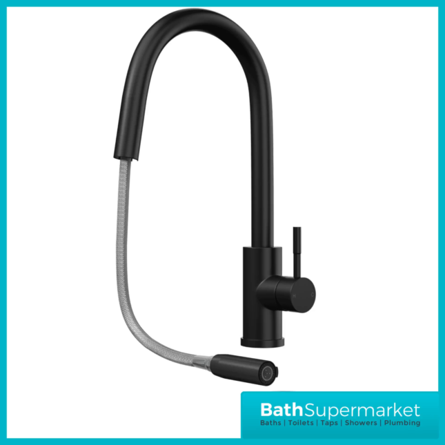 Rural Velia Matt Black Concealed Pull Out Hose Spray Head Kitchen Sink Mixer Tap