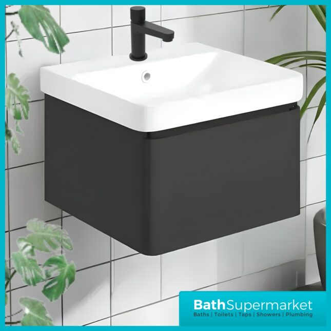 AquaVolere Luna Matt Black Wall Hung 1 Drawer Basin Unit 500mm