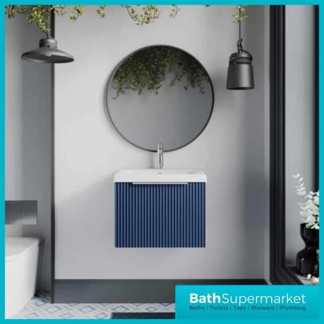 Hudson Reed Deco Fluted Satin Blue Wall Hung Vanity Basin Unit 500mm Width