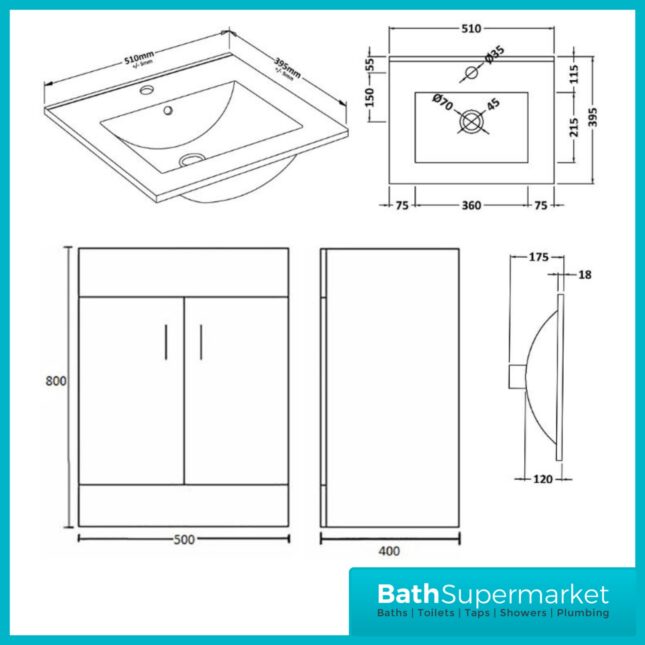 Eden Gloss White Compact Floor Standing Vanity Basin Cabinet Unit 500mm