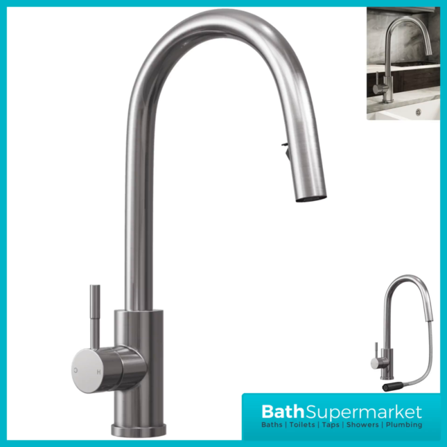 Rural Velia Brushed Steel Concealed Pull Out Hose Spray Head Kitchen Sink Mixer Tap