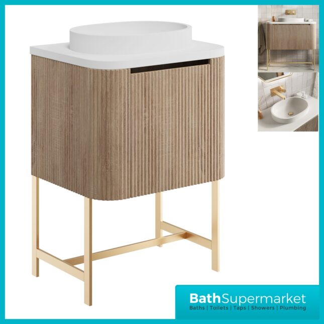 Sognare Linea Curve Fluted Oak Countertop Basin Vanity Unit 600mm & Floor Leg Frame