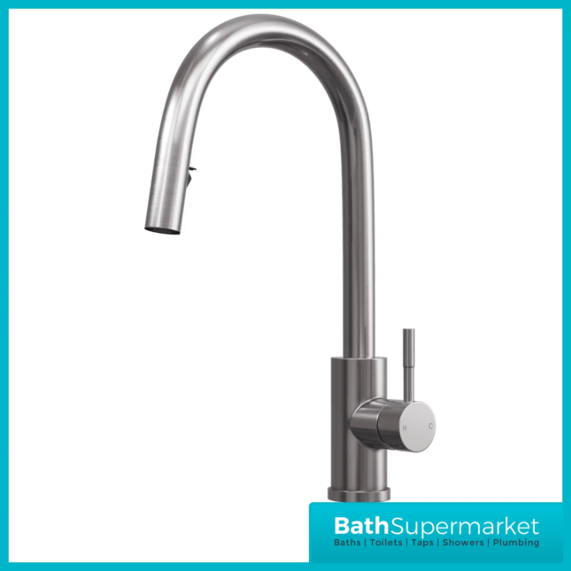 Rural Velia Brushed Steel Concealed Pull Out Hose Spray Head Kitchen Sink Mixer Tap