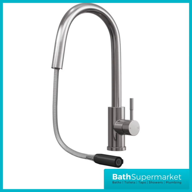 Rural Velia Brushed Steel Concealed Pull Out Hose Spray Head Kitchen Sink Mixer Tap