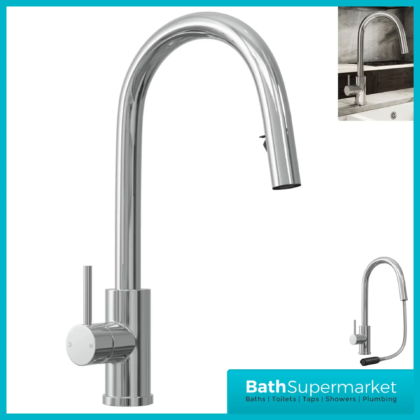Rural Velia Polished Chrome Concealed Pull Out Hose Spray Head Kitchen Sink Mixer Tap