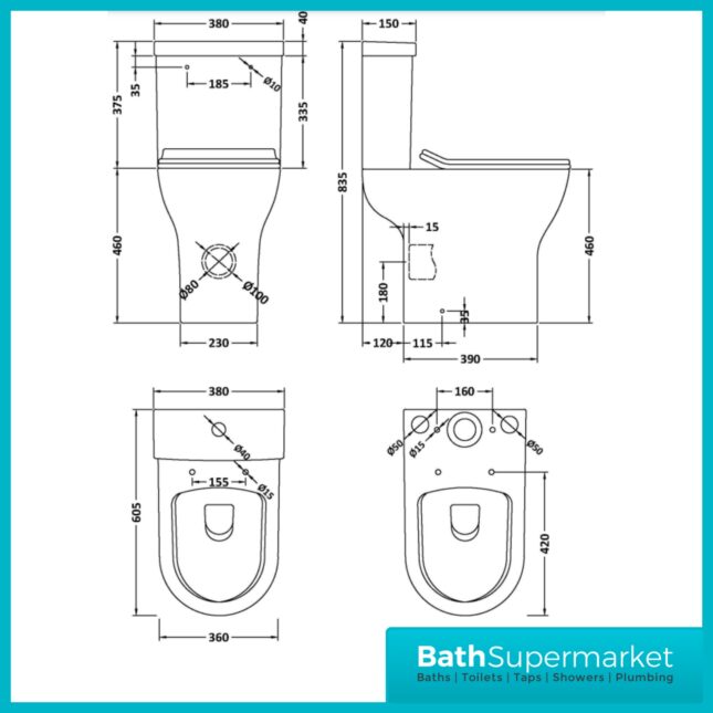 Nuie Freya Comfort Height Close Coupled Rimless Toilet WC Pan & Seat