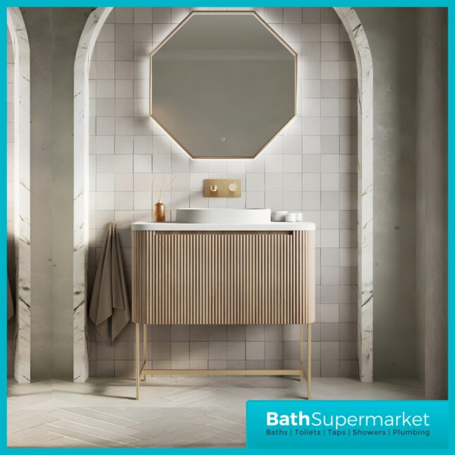 Sognare Linea Curve Fluted Oak Countertop Basin Vanity Unit 900mm & Floor Leg Frame