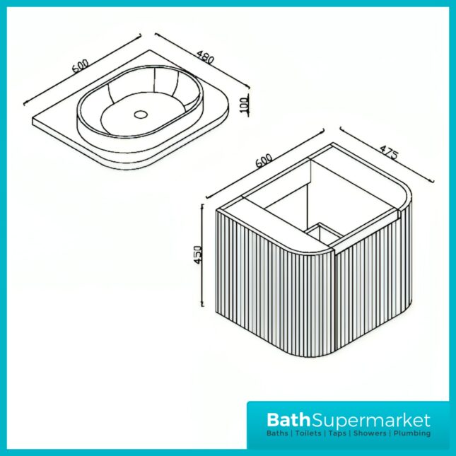 Sognare Linea Curve Fluted Oak Countertop Basin Vanity Unit 600mm & Floor Leg Frame